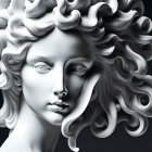 Grayscale classical statue head with intricate curls and serene expression