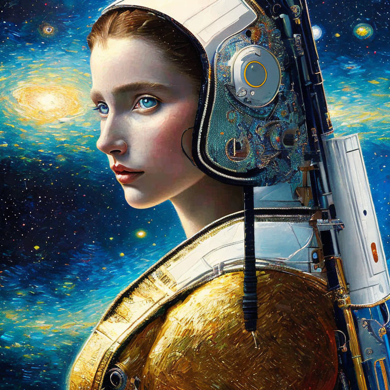 Detailed Illustration: Woman with Cybernetic Enhancements in Cosmic Setting