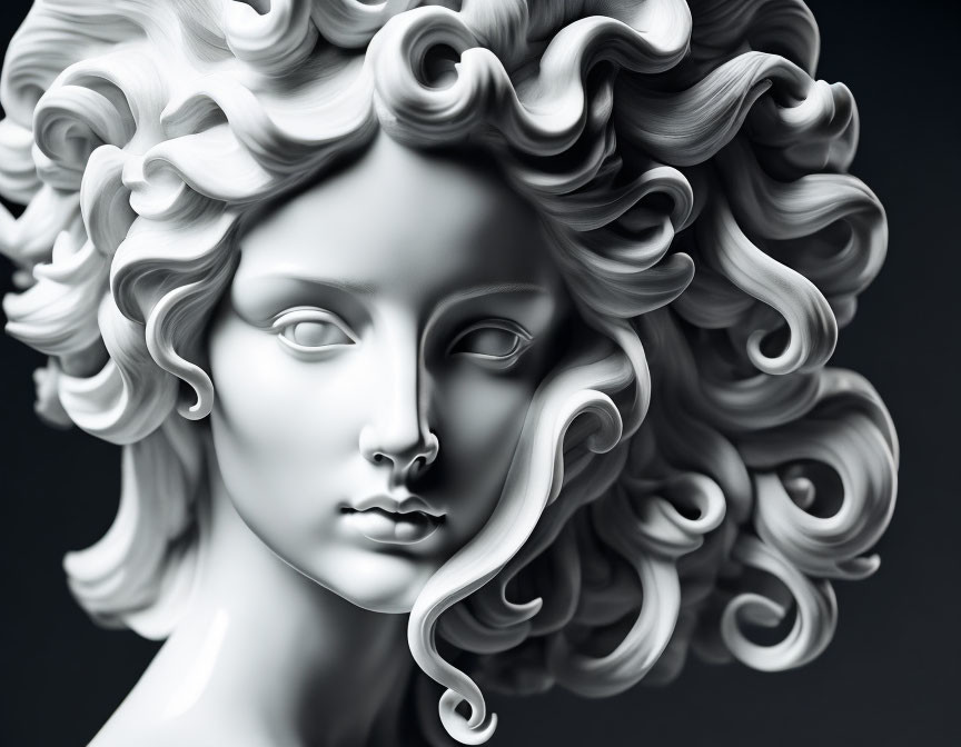 Grayscale classical statue head with intricate curls and serene expression