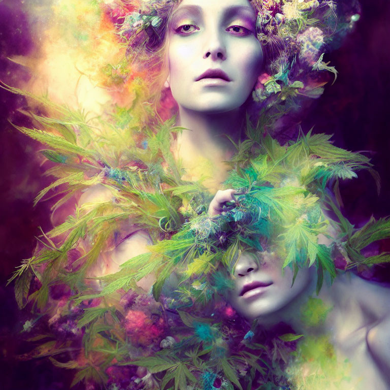 Ethereal portrait of person with pale skin among colorful leaves and flowers