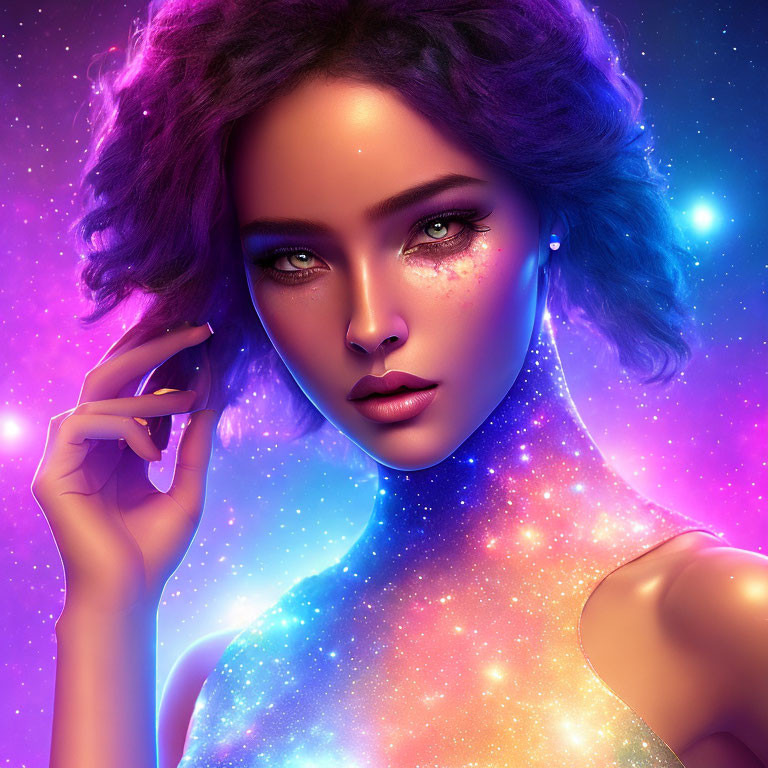 Cosmic-themed digital art portrait of a woman with green eyes on vibrant purple background