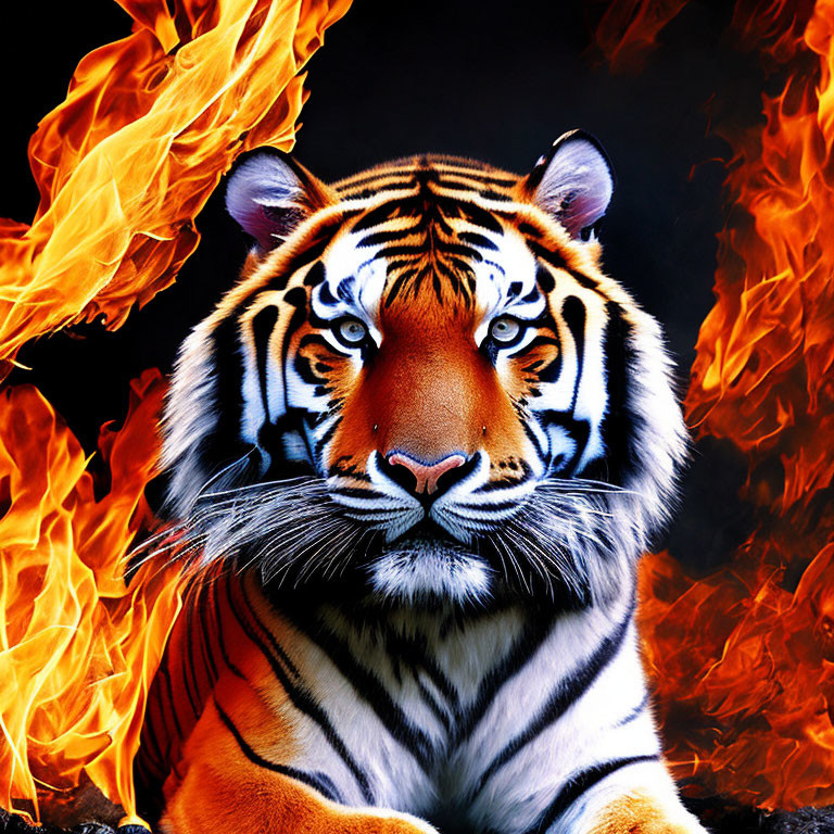 Majestic tiger with intense gaze surrounded by flames on black background