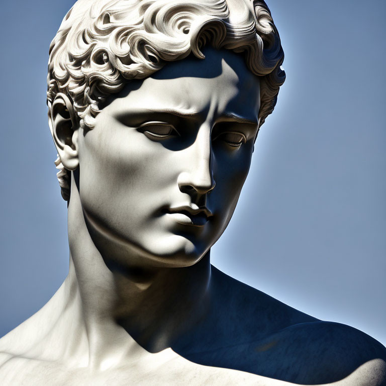 Classical sculpture of man with wavy hair and chiseled features against blue sky