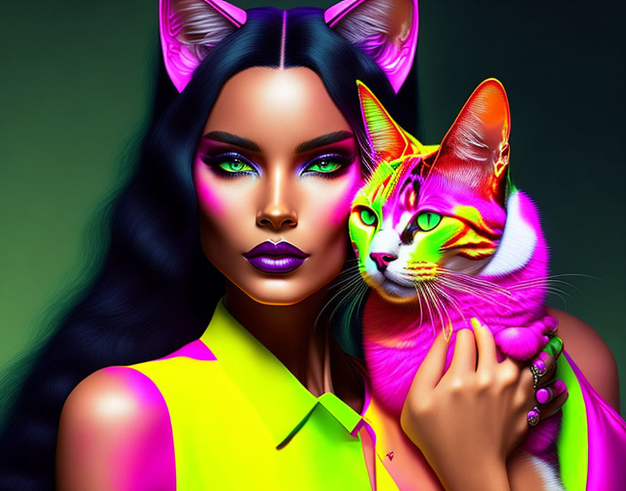 Colorful woman with cat ears holding neon cat on dark background