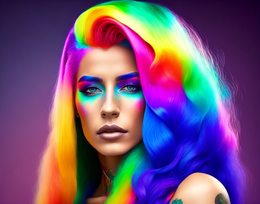 Colorful person with rainbow hair and vibrant makeup on purple backdrop