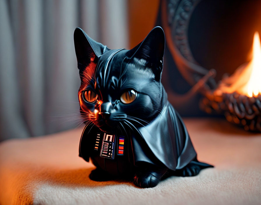 Black Cat in Darth Vader Costume by Fireplace