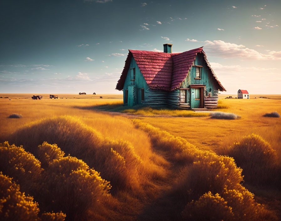 Blue house with red roof in golden field, red barn and cows in the distance