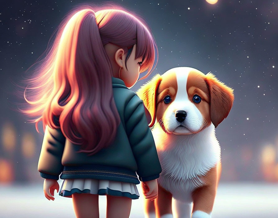 Young girl with pink hair and puppy under starry night sky