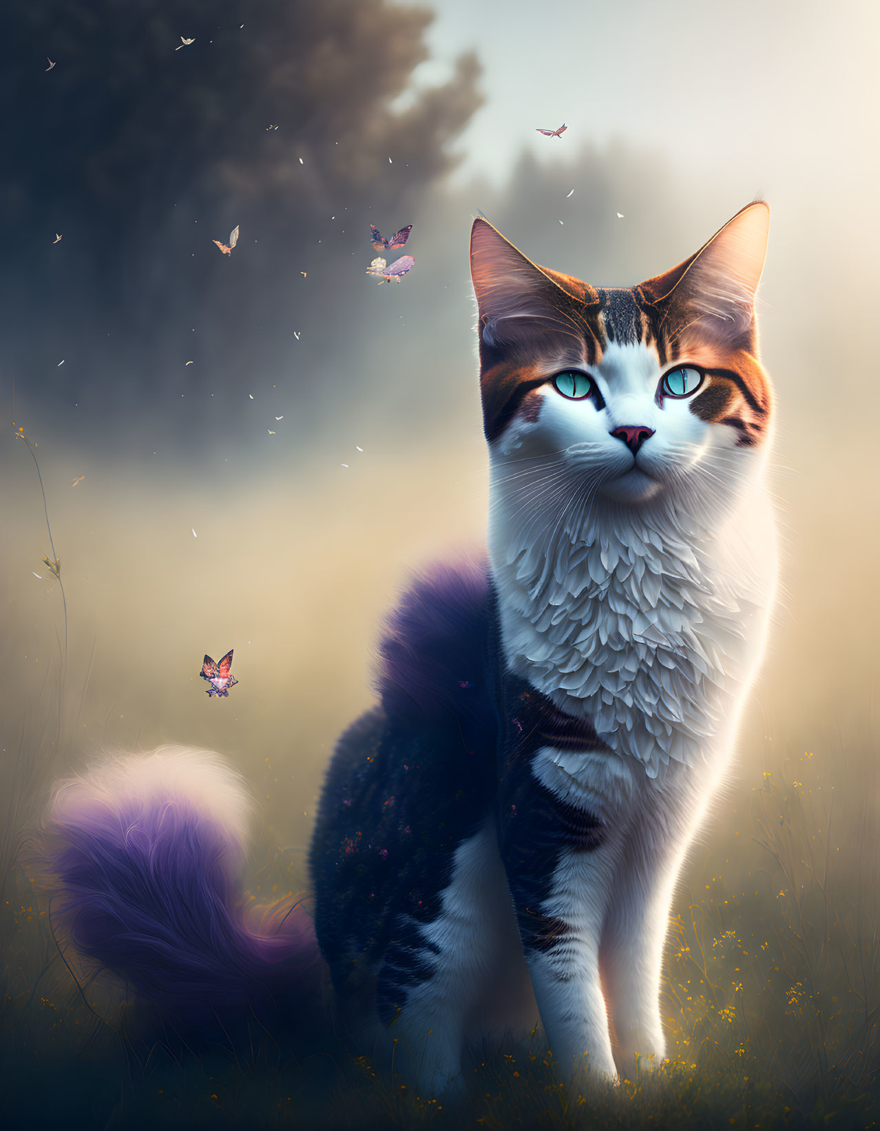 Fantasy cat with blue eyes and butterflies in sunlit meadow