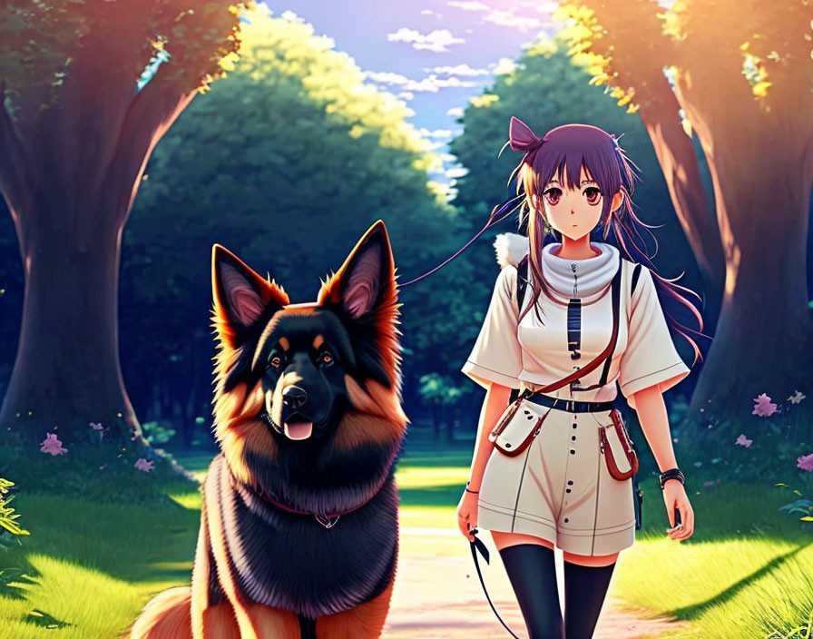 Young woman with purple hair walking German Shepherd in sunlit park