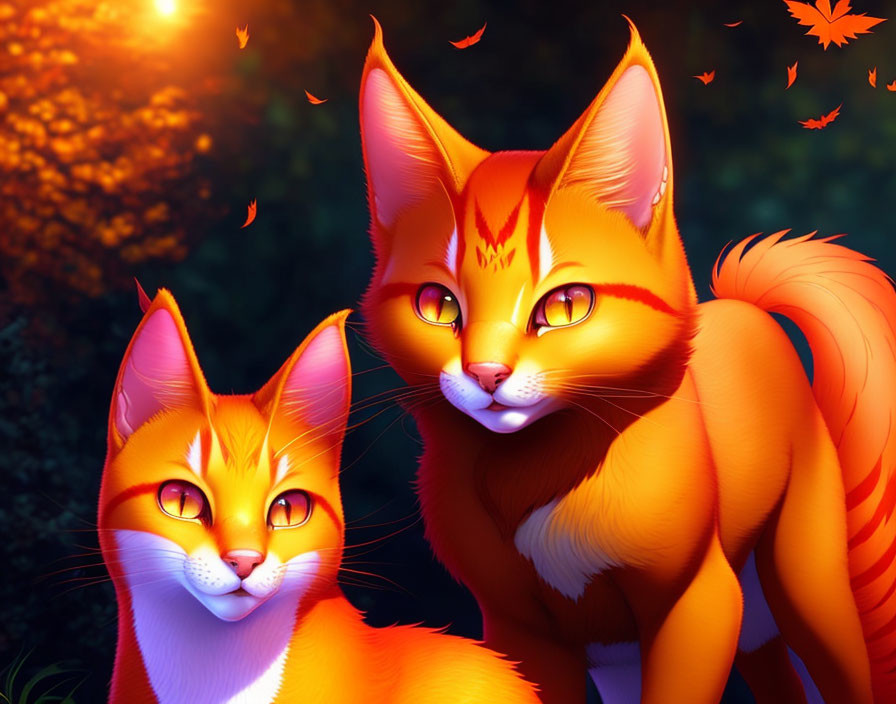 Vibrant orange anthropomorphic foxes with yellow eyes in autumn sunlight