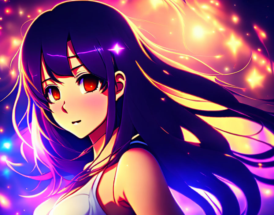 Dark-haired anime girl with red eyes in cosmic setting