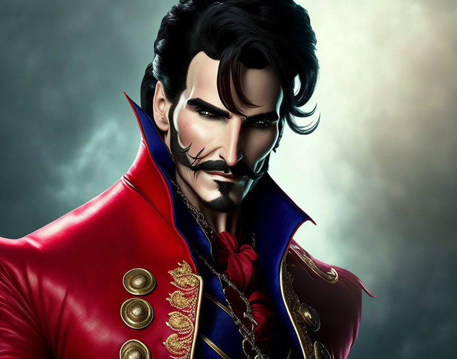 Stylized illustration of a dapper man with pointed beard and mustache in red coat with gold