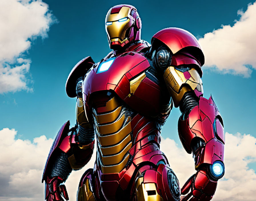 High-Resolution Image: Iron Man in Red and Gold Suit with Cloudy Sky