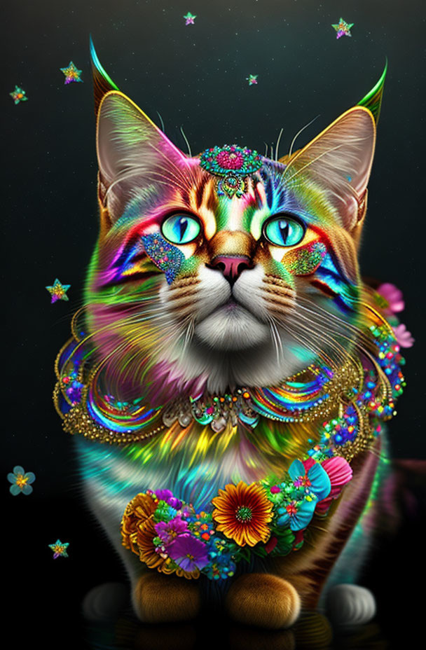 Colorful cat adorned with jewels, flowers, and glitters on dark backdrop