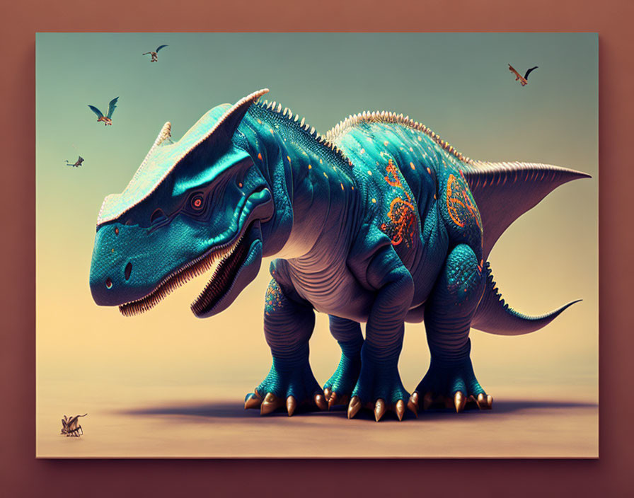 Colorful dinosaur illustration with intricate patterns on sepia background.