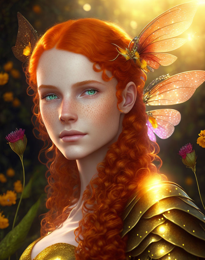 Digital artwork featuring woman with red hair, freckles, and butterfly wings in golden sunlight.