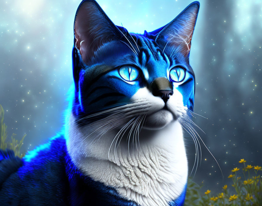 Blue-eyed cat with blue & black striped fur on celestial background