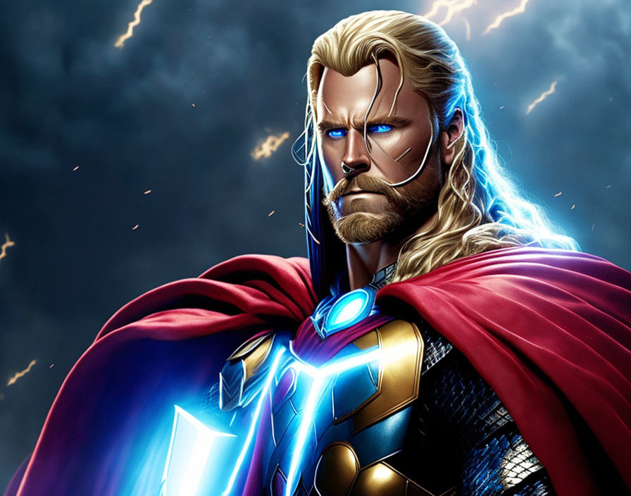 Blond Bearded Superhero with Red Cape and Hammer in Stormy Sky