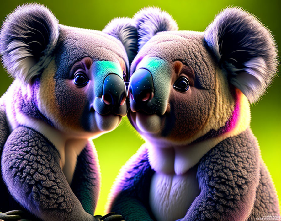 Colorful stylized koalas touching noses against neon background