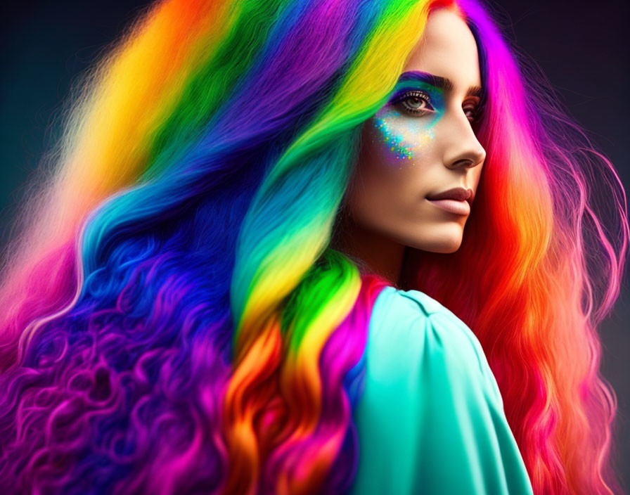 Vibrant rainbow-colored hair and glittery makeup on a woman against dark background