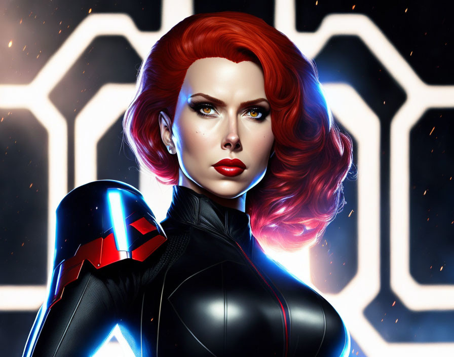 Digital artwork: Woman with red hair in futuristic suit on hexagon background