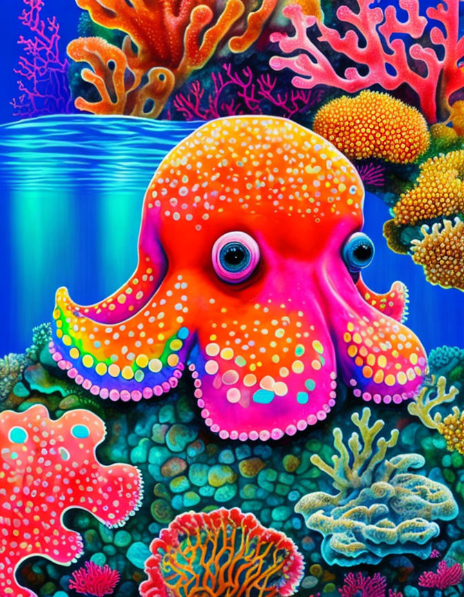 Colorful Octopus Surrounded by Coral Reef and Marine Plants