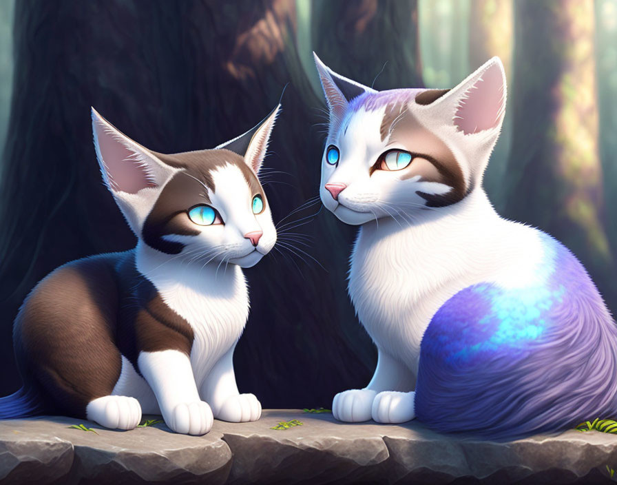 Animated cats with blue eyes on rock in forest