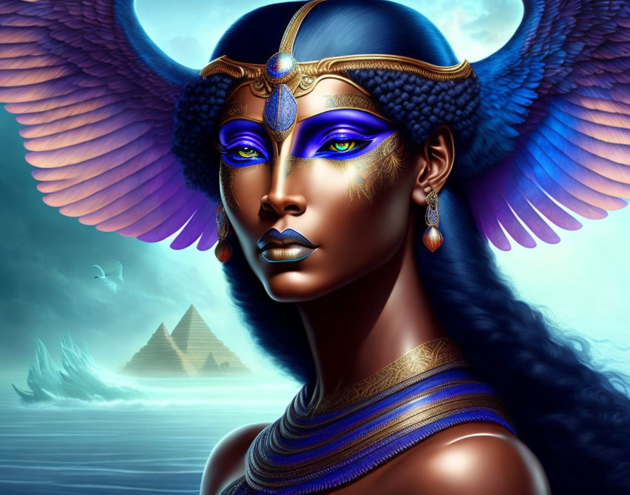 Illustrated blue-skinned woman with Egyptian headdress and winged arms by pyramids and mystical sea