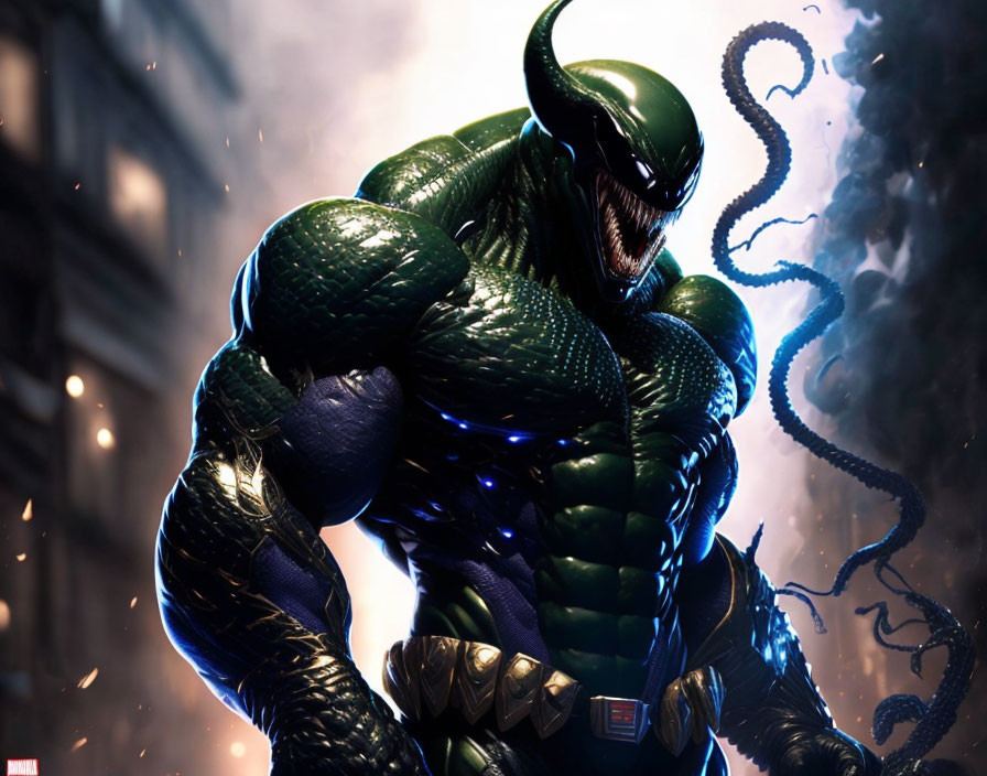 Muscular green reptilian creature in superhero costume with tendrils.