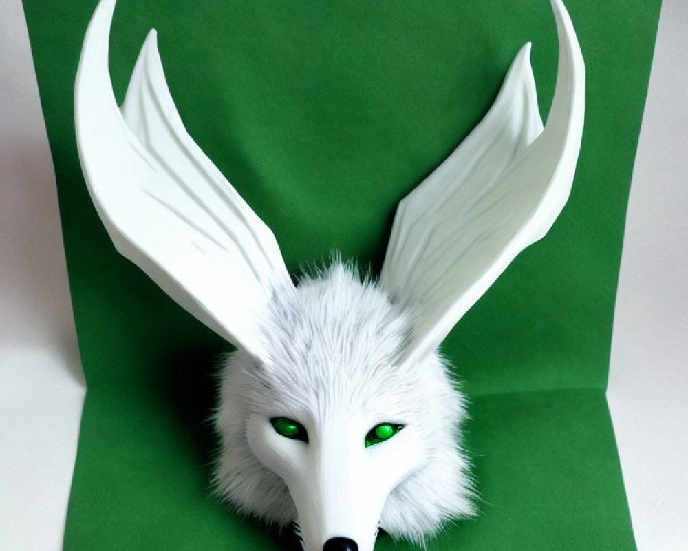 Fox Mask with Pointed Ears and Green Eyes on Green Background