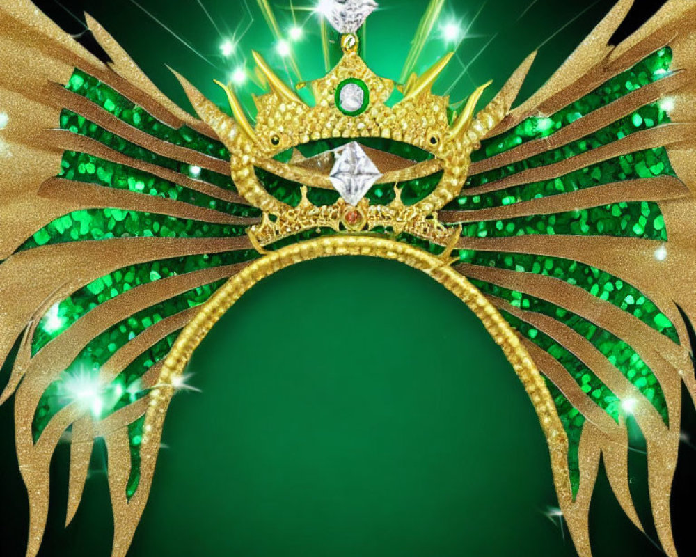 Golden crown with emerald gems, diamond center, wings, and light effects on dark background