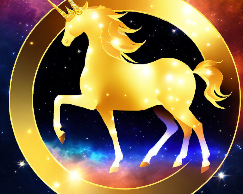 Golden unicorn silhouette in circle on cosmic background