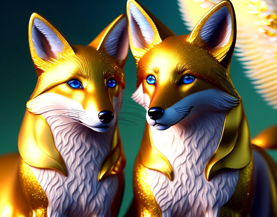 Golden stylized foxes with bright blue eyes on dark teal background.