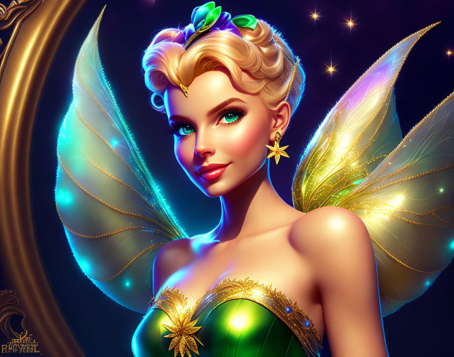 Glowing fairy with starry wings and golden hair on starlit background