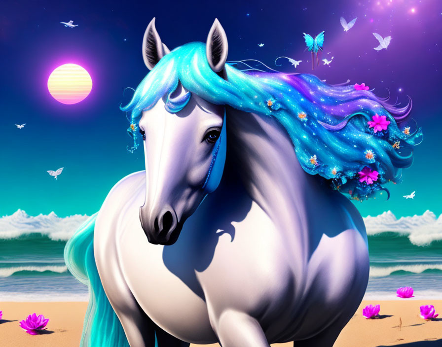 Fantastical blue-maned horse on beach with purple sky, butterflies, and stylized sun