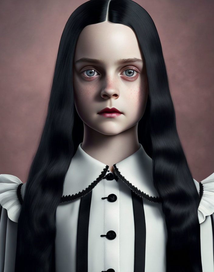 Digital portrait: Pale-skinned girl with large eyes and long black hair in black and white dress