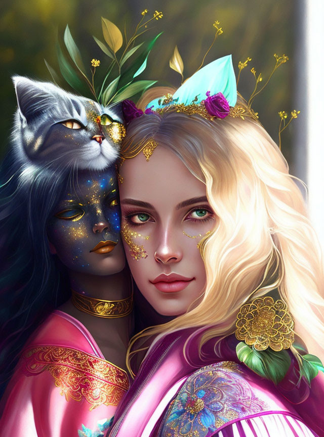 Blonde Woman and Cat with Green Eyes in Floral and Celestial Motifs