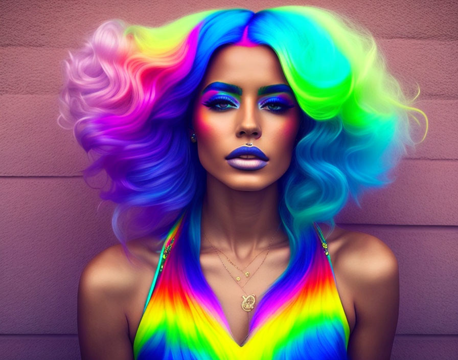 Vibrant rainbow-colored hairstyle and makeup on woman against purple wall