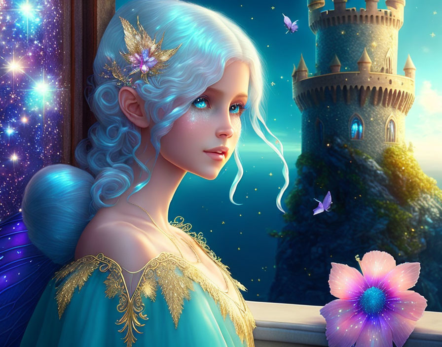 Ethereal woman with blue hair and golden dress by castle tower