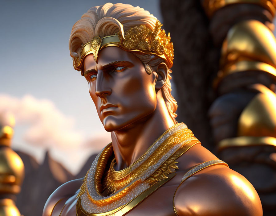 Majestic male figure with golden hair and crown in 3D render