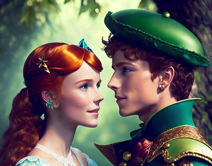 Red-haired woman and man in green hat gaze in forest setting