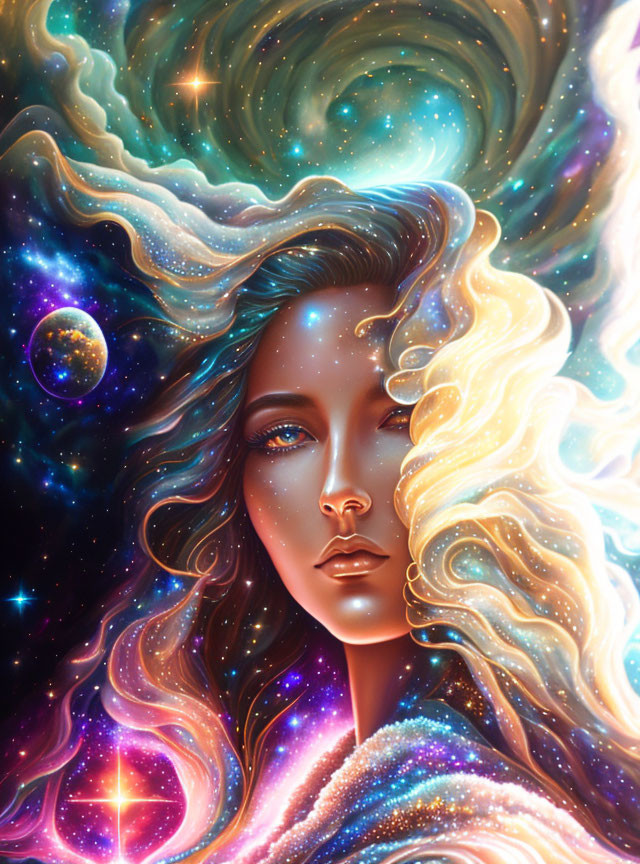 Surreal portrait of woman blending into cosmic backdrop