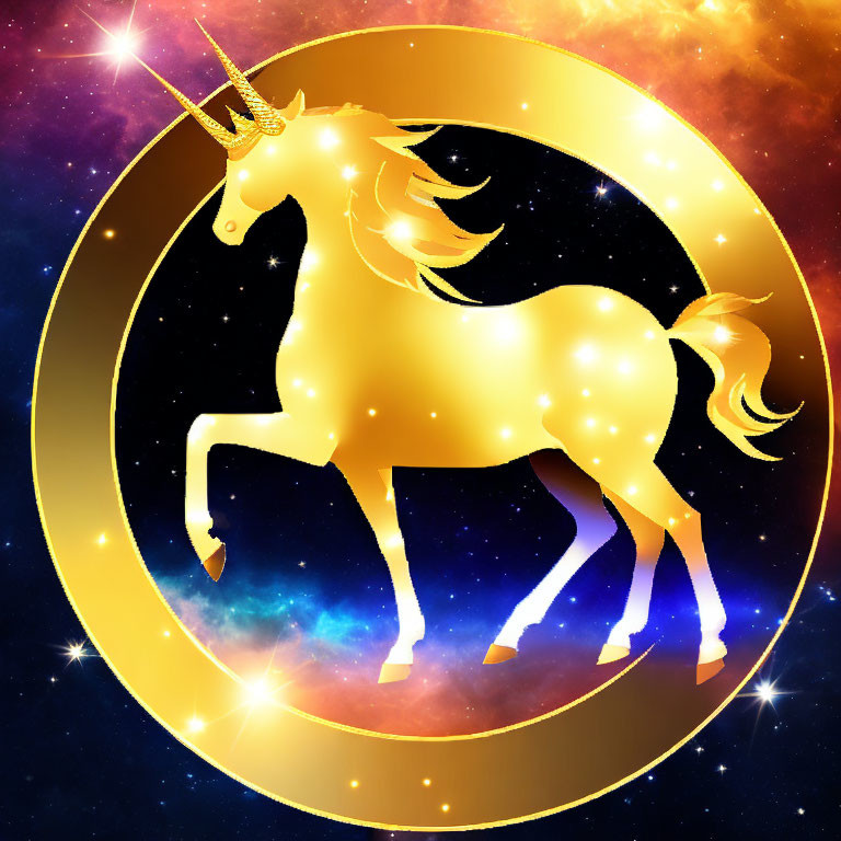 Golden unicorn silhouette in circle on cosmic background