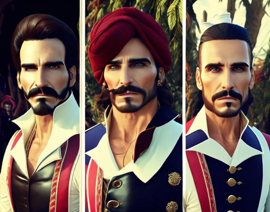 Stylized animated male character in red turban and military-style jacket poses