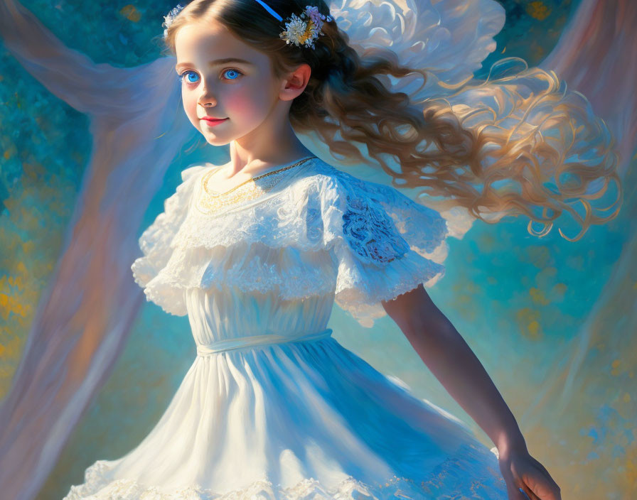 Young girl in white dress with blonde hair and floral accessory under ethereal light