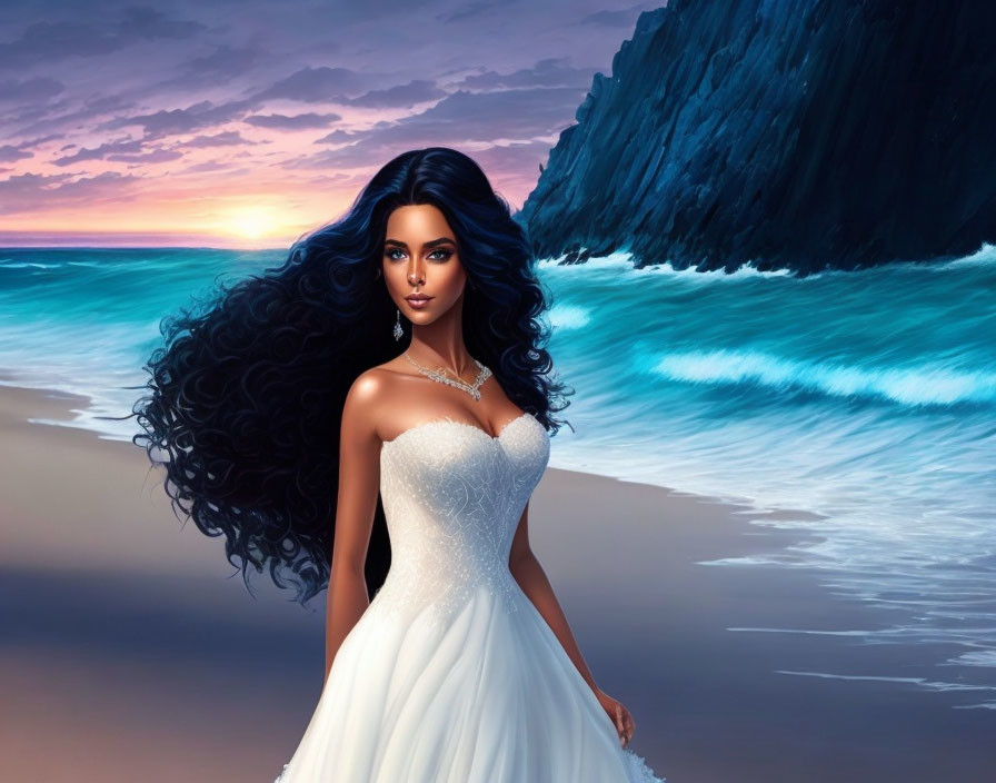 Illustrated woman in white gown by the sea at sunset with cliffs