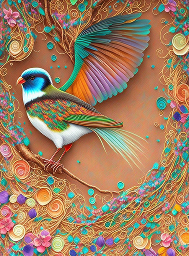 Vibrant bird with colorful plumage on branch with swirling patterns