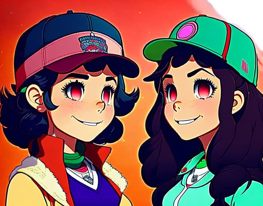 Two smiling animated girls in colorful outfits.