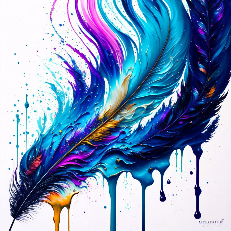 Colorful Feather Artwork with Blue, Purple, and Gold Hues